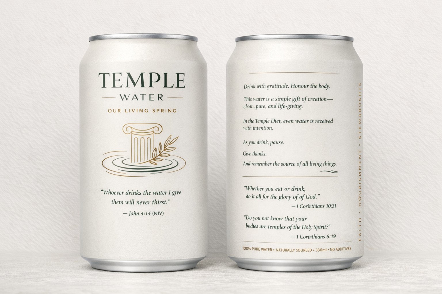 Temple Water — Our Living Spring cans, front and back